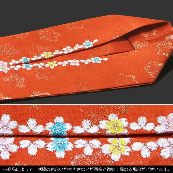 正絹重ね衿 朱色 白桜刺繍 刺繍重ね衿