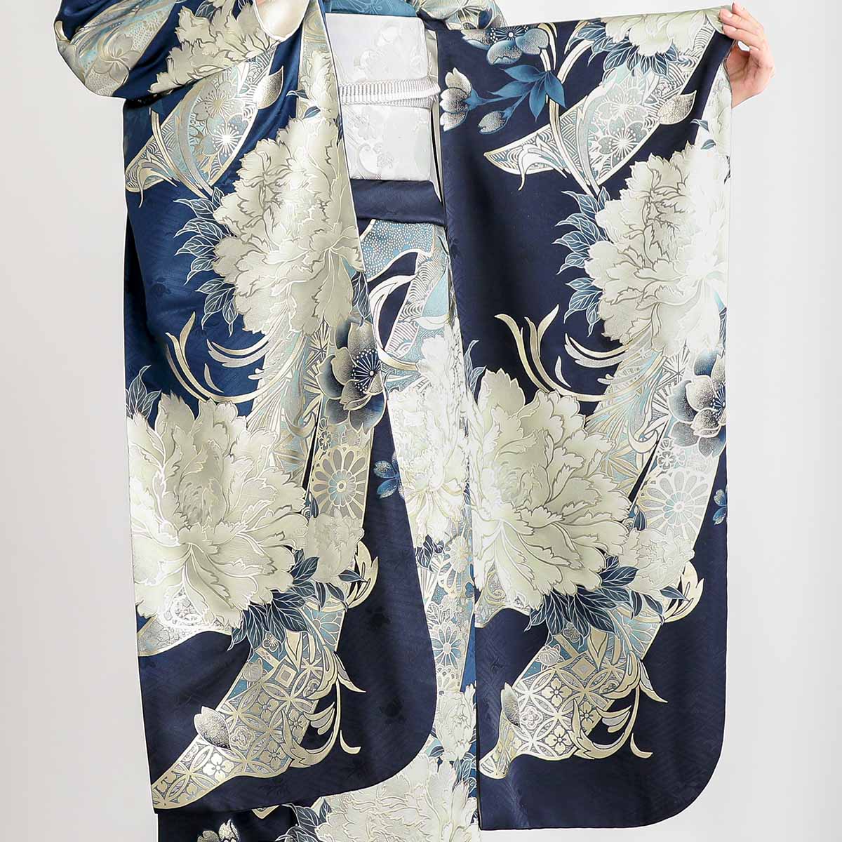 紺　牡丹に熨斗（【振袖・袋帯・長襦袢のセット商品】）