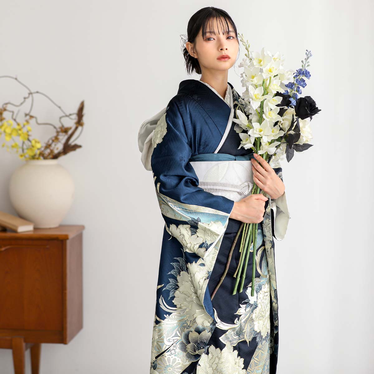 紺　牡丹に熨斗（【振袖・袋帯・長襦袢のセット商品】）