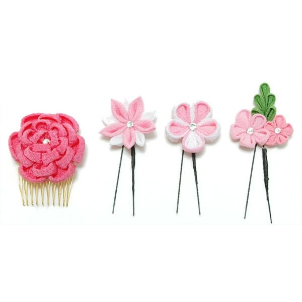 つまみ細工 髪飾り ピンク4点セット