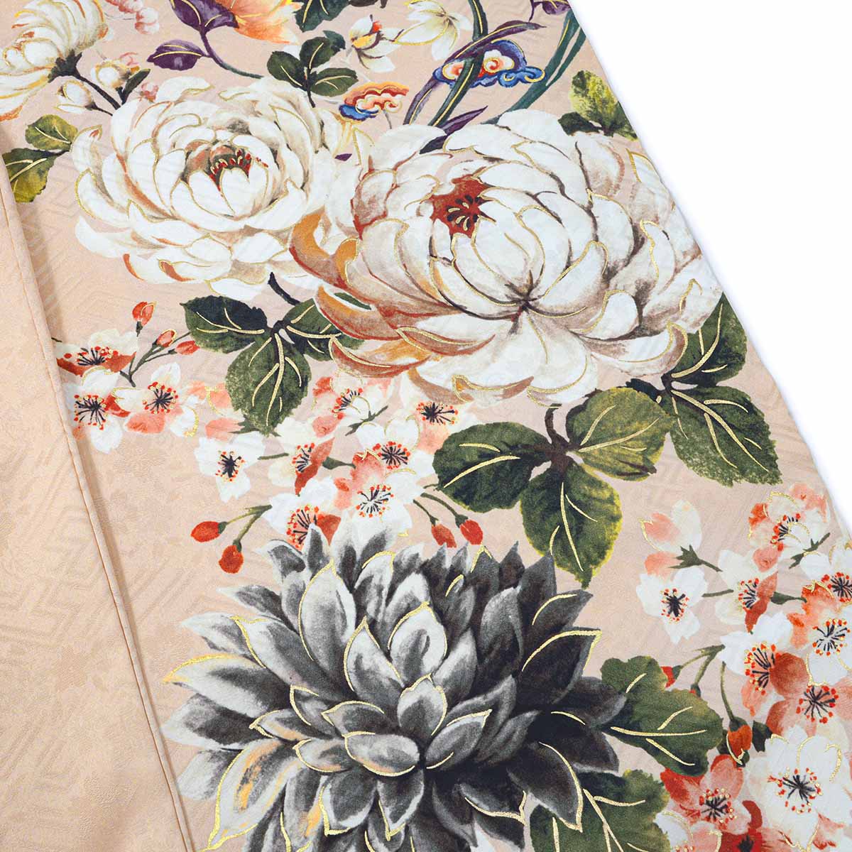 ジャパンスタイル　ライトアプリコット　菊に桜（【振袖・袋帯・長襦袢のセット商品】）