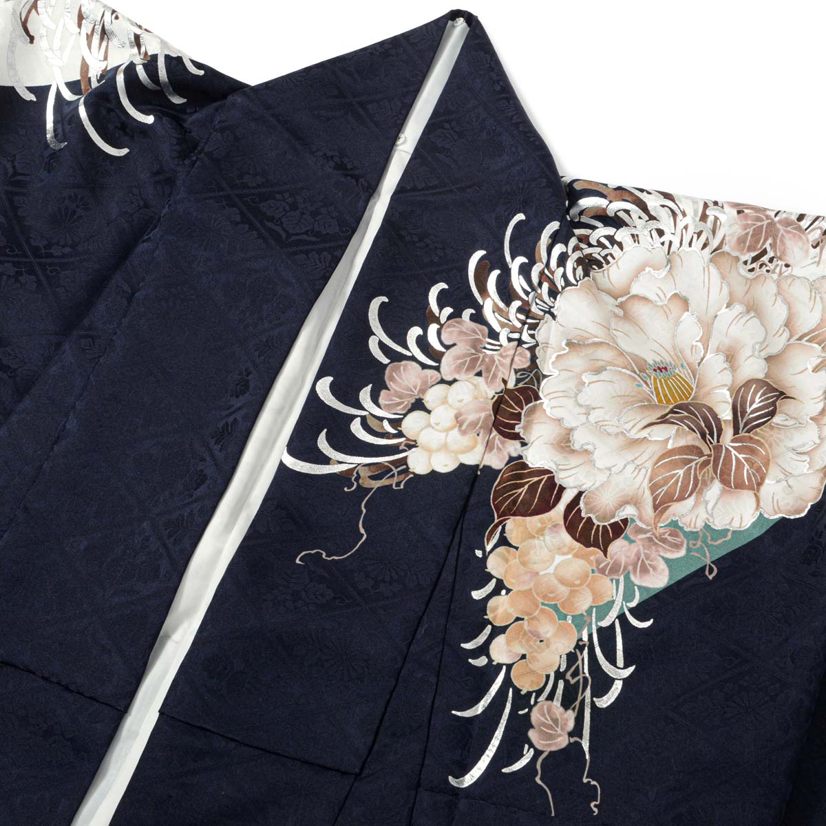 濃紺×白 牡丹にアマリリス（【振袖・袋帯・長襦袢のセット商品