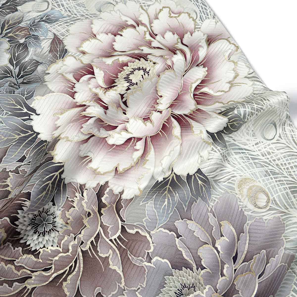 吉木千沙都 赤紫×グレー　百花孔雀の羽（【振袖・袋帯・長襦袢・小物のセット商品です】）