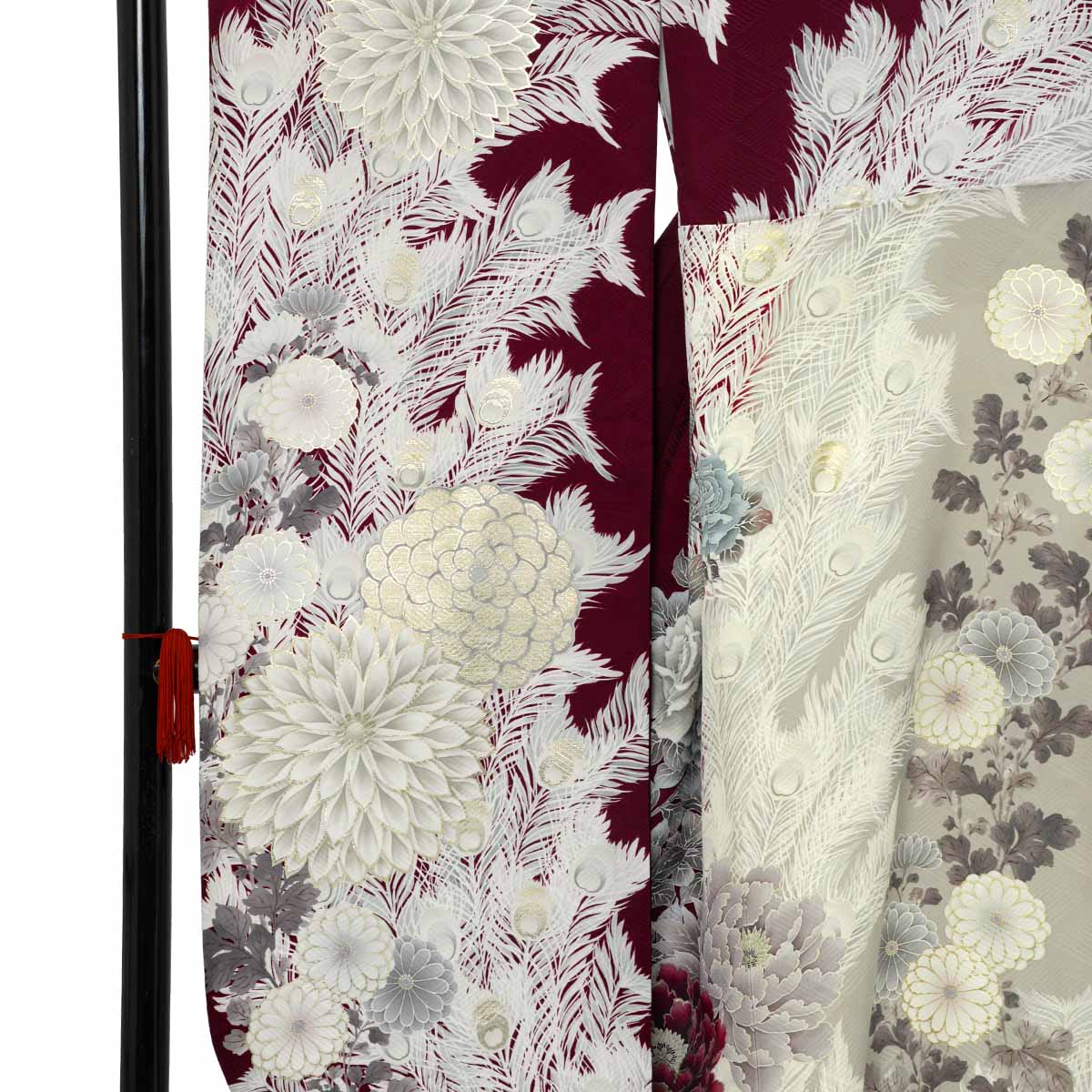 吉木千沙都 赤紫×グレー　百花孔雀の羽（【振袖・袋帯・長襦袢・小物のセット商品です】）
