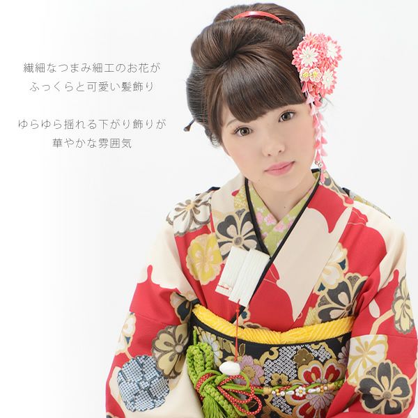 つまみ細工髪飾り単品「ピンク色 つまみのお花、房飾り」