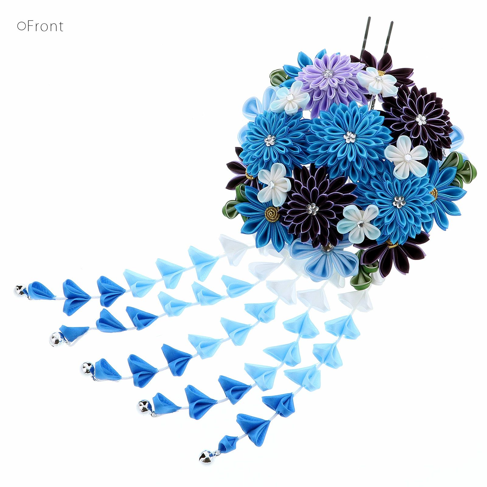 髪飾り　つまみかんざし 「水色つまみの花、房下がり (7000水色)」