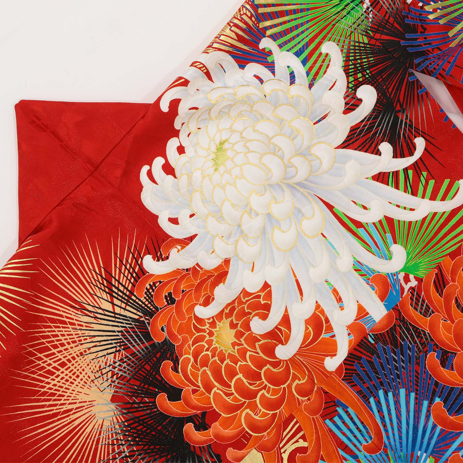 Lako Kula 赤 大輪牡丹菊と松☆(絹)（【振袖・袋帯・長襦袢のセット  