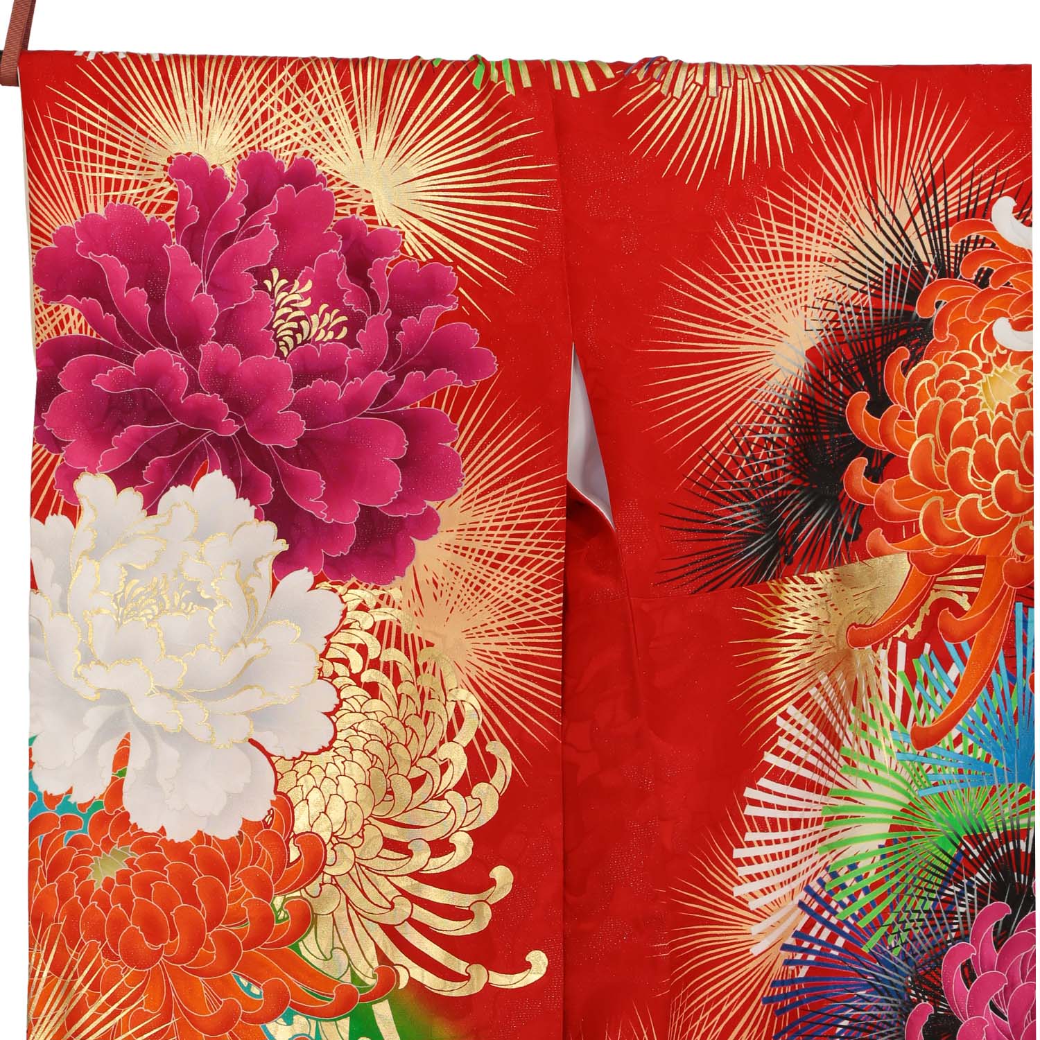 Lako Kula 赤 大輪牡丹菊と松☆(絹)（【振袖・袋帯・長襦袢のセット  