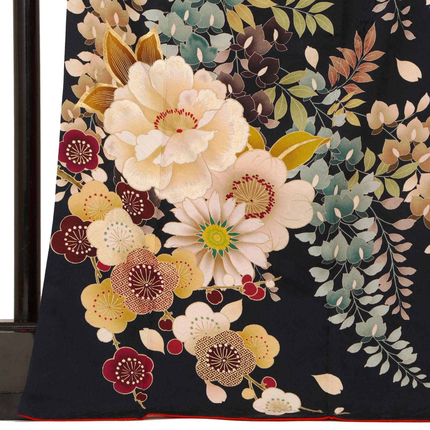 Dear 黒紺 牡丹と藤花（【振袖・袋帯・長襦袢のセット商品です