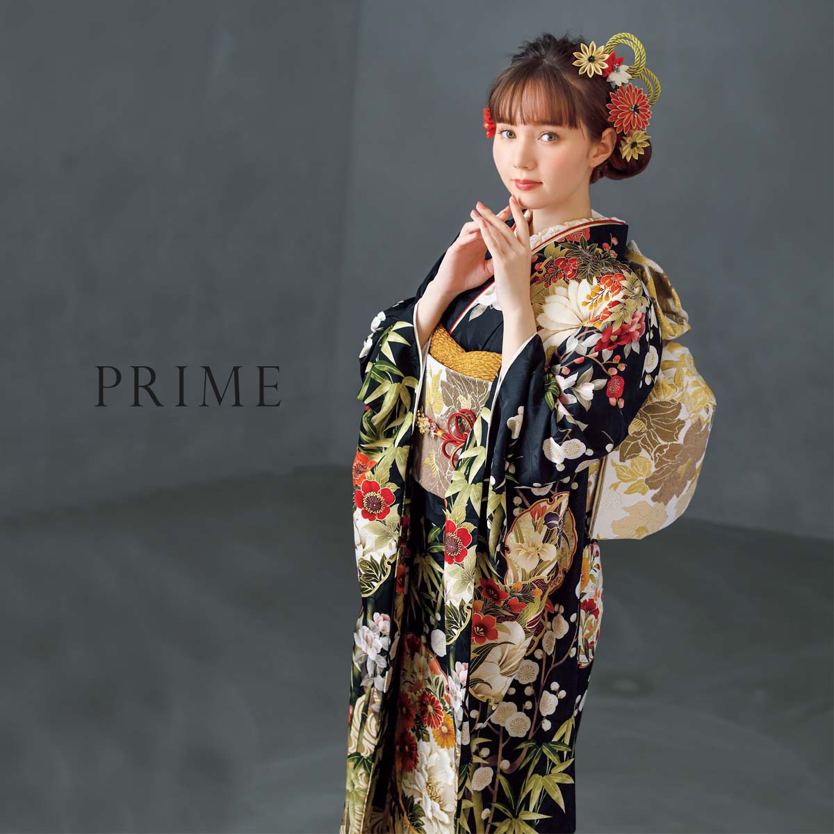 PRIME 黒　雪輪に竹梅椿（【振袖・袋帯・長襦袢のセット商品です】）