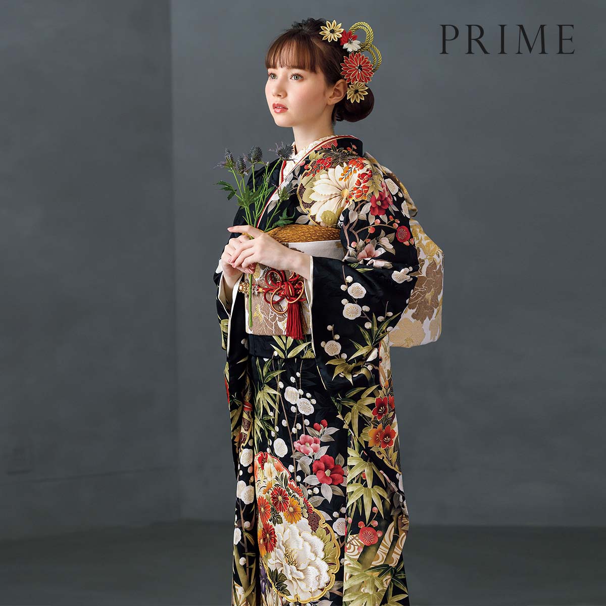 PRIME 黒　雪輪に竹梅椿（【振袖・袋帯・長襦袢のセット商品です】）