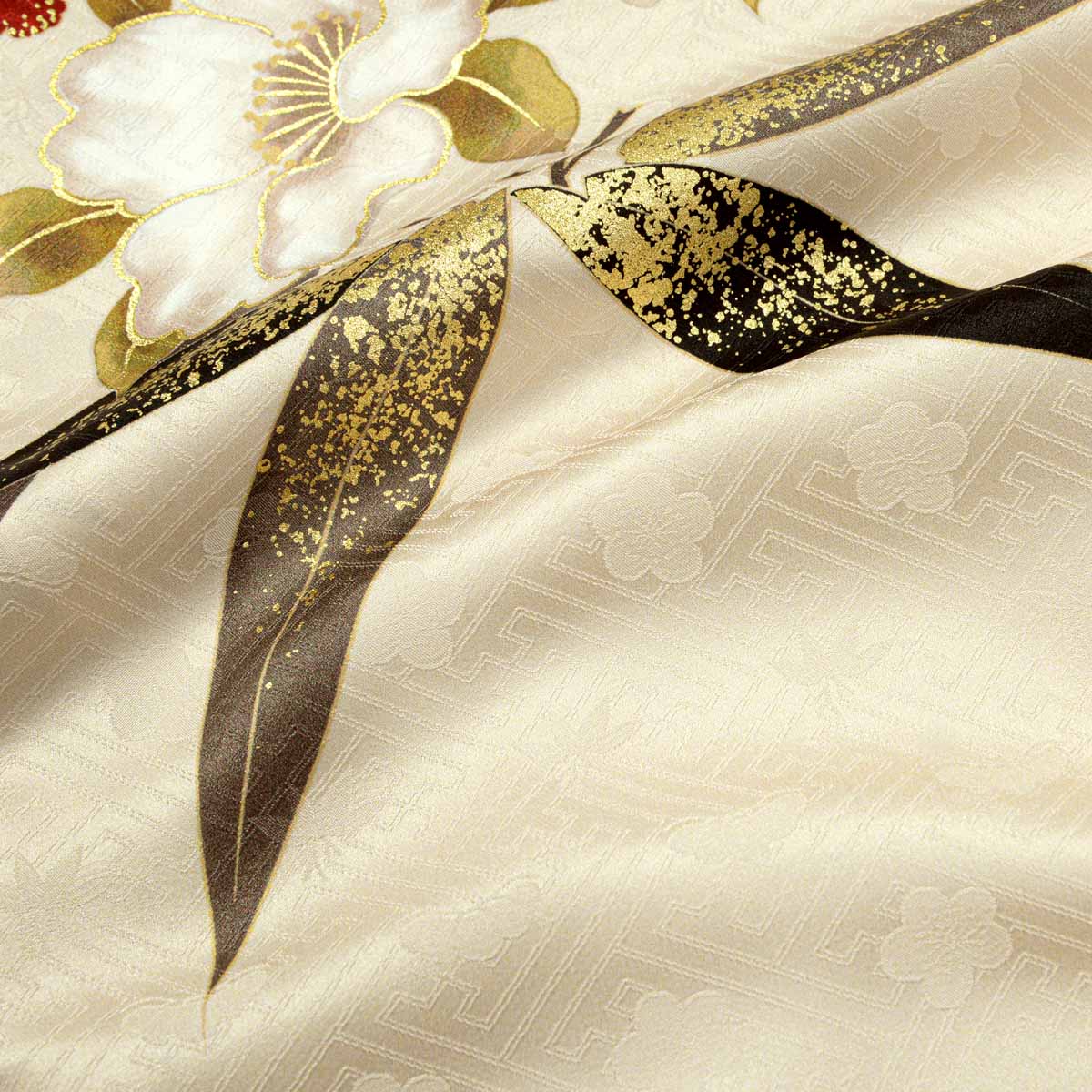 未着用　真珠本漆箔　春秋花散文様　桜花　楓　袋帯　着物　113a p 東京レトロ サンドベージュ 花丸文に桜（【振袖・袋帯・長襦袢の