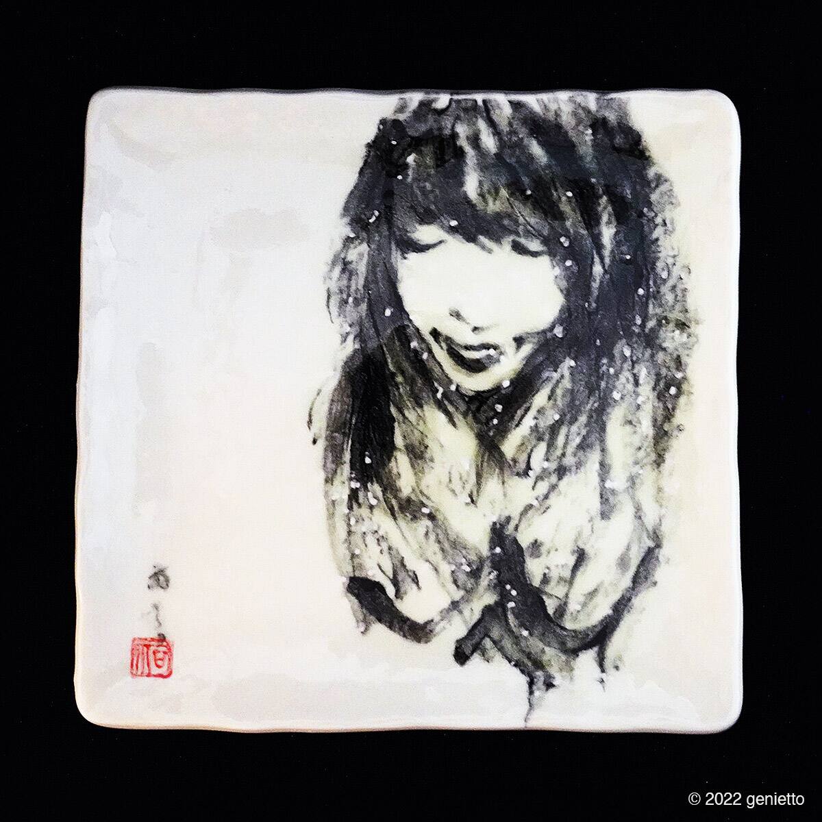 陶墨皿「人」 №0040 | 墨絵・陶墨画アーティスト 西元祐貴 Yu-ki Nishimoto