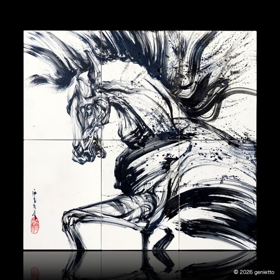 【新作】直筆陶墨画「汗馳楽心」