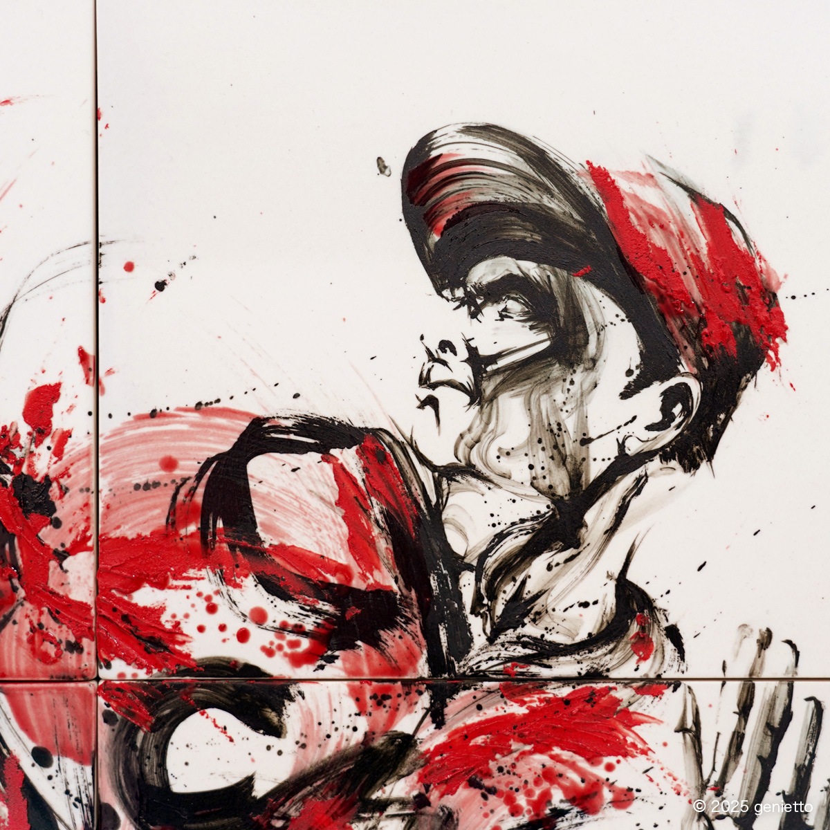 直筆陶墨画「紅迅護世」