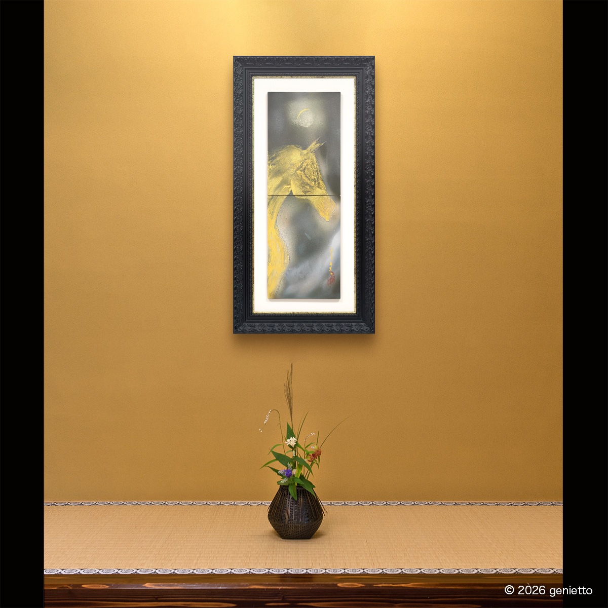 【新作】直筆陶墨画「金影静駿」