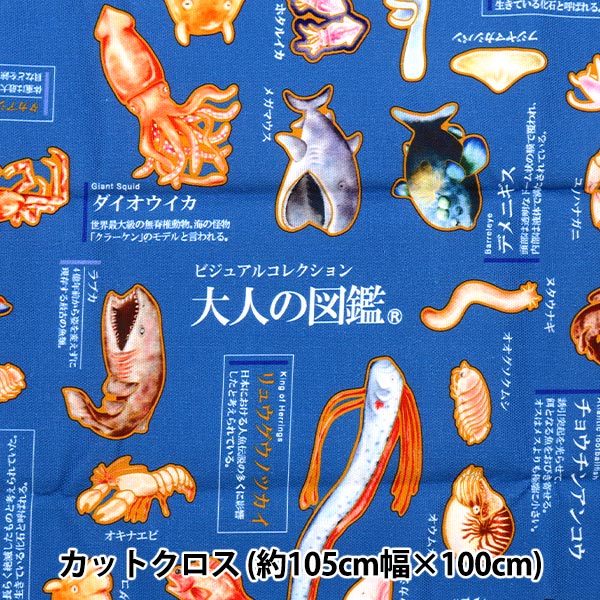 生地 『大人の図鑑 約105cm×100cmカットクロス 深海魚編 ブルー CZUKAN