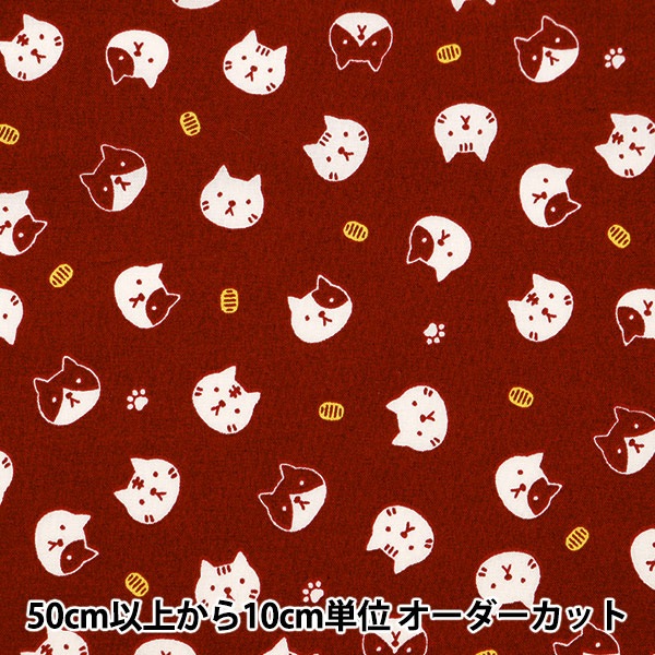 数量5から】 生地 『スケア プリント 福福 ねこ顔 赤 SQFFCATA-1C