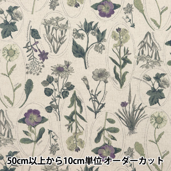 数量5から】 生地 『綿麻キャンバス 植物図鑑柄 セピアパープル CLPLEN