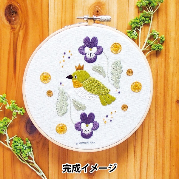 刺繍額 藤娘 動画付き】 刺しゅうキット 『近藤朱 フランス刺しゅう ビオラとメジロ