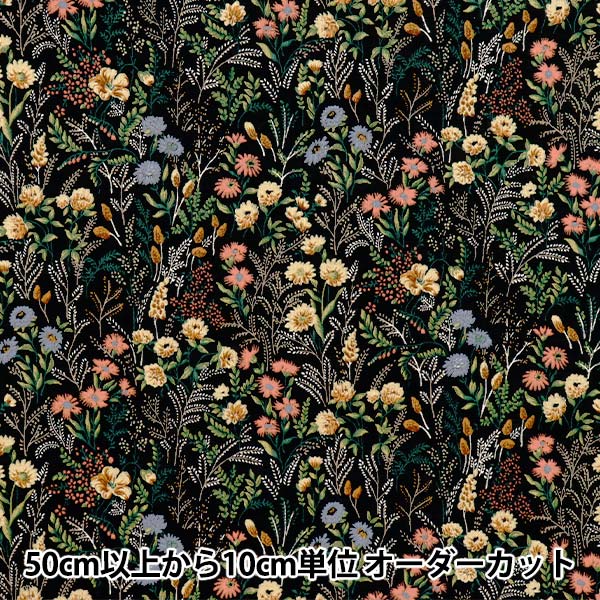 大きな黒い花柄　冬生地 数量5から】 生地 『綿麻シーチング 花柄 ブラック KTS7114-A』 COTTON