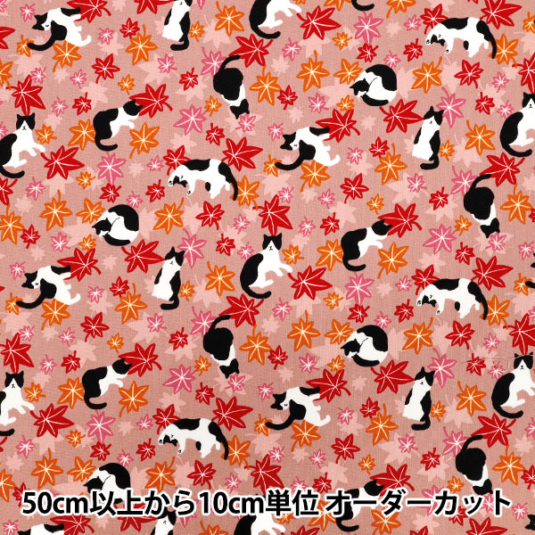 数量5から】 生地 『シーチング ハチワレ猫紅葉 ピンク YZ55902