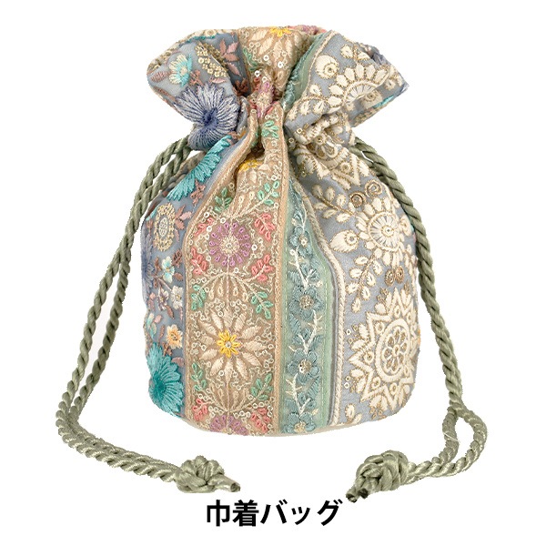 バッグ 『インド刺繍巾着バッグ 約縦23×マチ(直径)14.5cm IKB-02