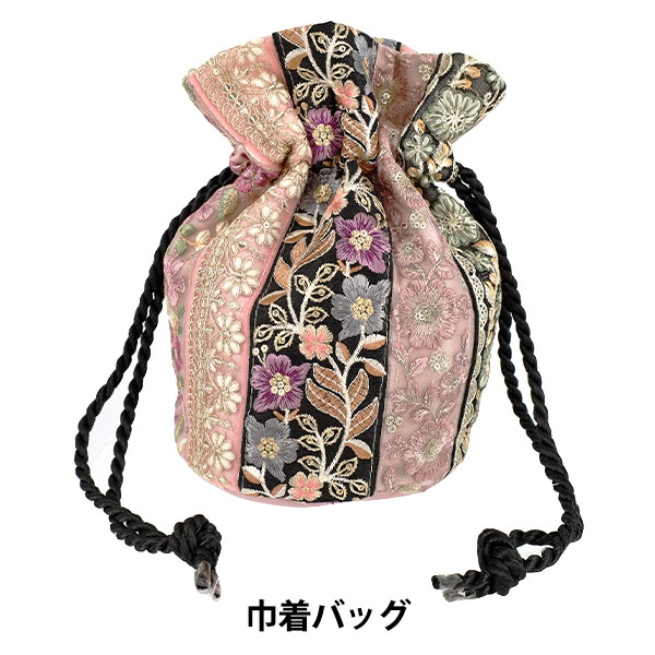 インド刺繍　巾着バッグ　サコッシュ85 バッグ 『インド刺繍巾着バッグ 約縦23×マチ(直径)14.5cm IKB-06