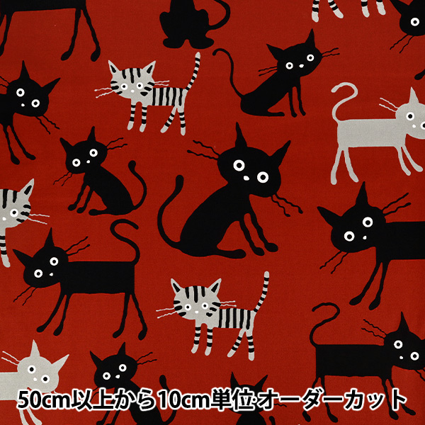 数量5から】 生地 『オックス ココランド 猫柄 大 レッド AP1090-3B