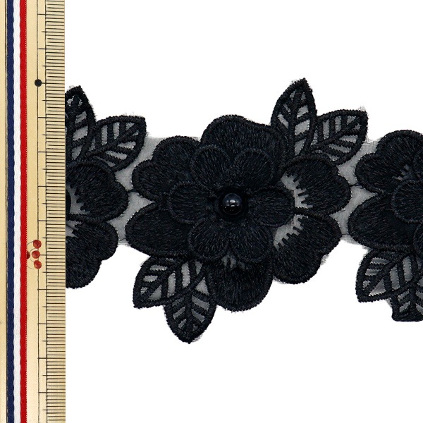 数量5から】 レースリボン 『刺繍オーガンジーフラワー ブラック