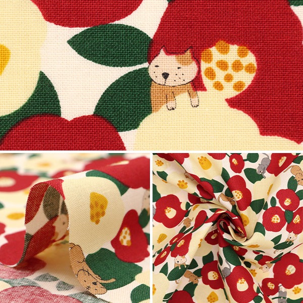 数量5から】 生地 『シーチング 椿ネコ クリーム ACS1102-A