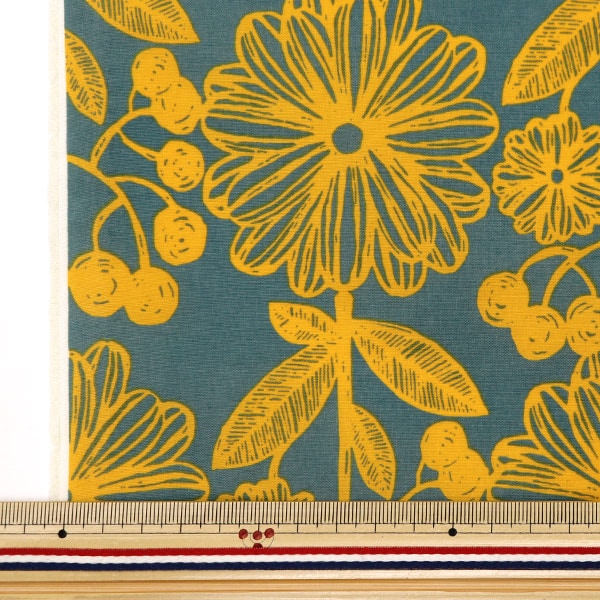 未使用イエロー花柄カンタキルト 数量5から】生地 『ナイロンタフタプリント 北欧花柄 グレー×キイロ SG