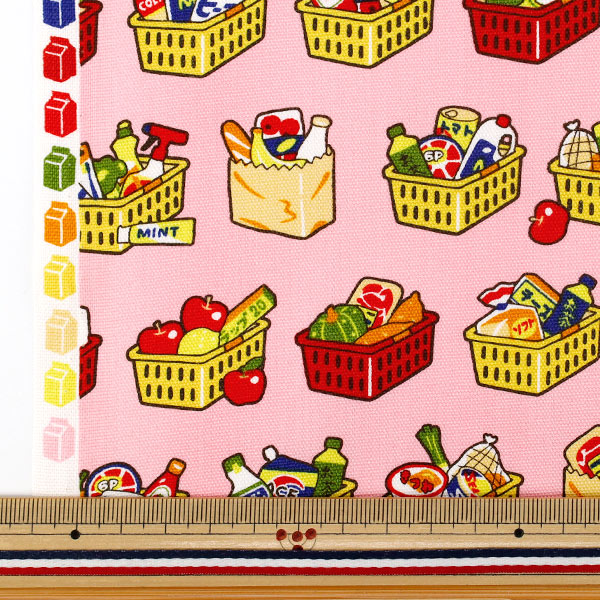 数量5から】 生地 『オックス チラシプリント レジかご ピンク AP65903