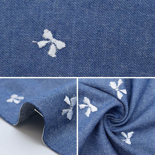 数量5から】 生地 『デニム風先染め デニム風刺繍 リボン