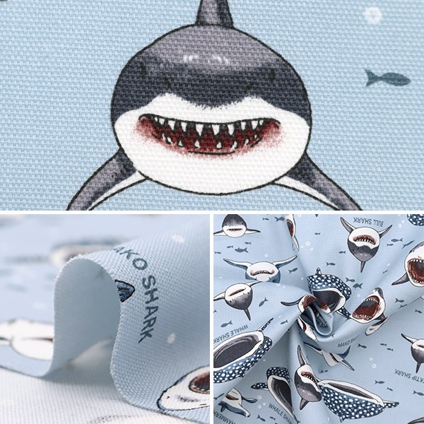 ハンドメイド☆オーダー受付中　サメサメシャーク　くすみブルー 数量5から】 生地 『オックス カラフルキャンバス サメサメ