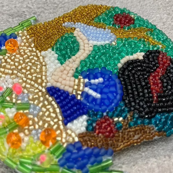 希少　ピーズハンドバック　刺繍ビーズ 銀座【G-2754】ビーズ刺繍 バッグ 抽象文 金色×象牙色 - 銀座