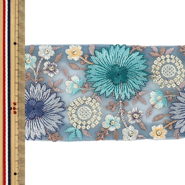 カラフル刺繍の工芸品 数量5から】 手芸ブレード 『2024インド刺繍ブレード 約7.5cm幅 ブルー