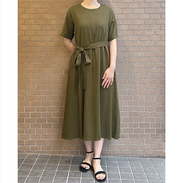 関税送料込【MACDUGGAL】ミディワンピース フリル 半袖 グリーン ワンピース『とろみリネンブレンド 前ジッパースタイルアップ