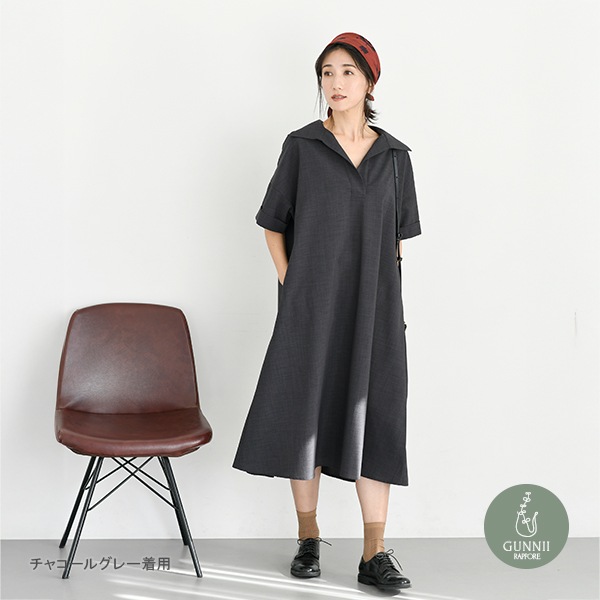 Laula Petit Couture クラシカルリネンワンピース 日本製ラウラ リネンコットンシャンブレー ウィング襟バレルワンピース