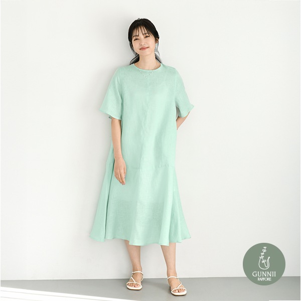 i+mu イム センソユニコ 異素材 袖リブ 変形ワンピース グレー M リネンドレス】歩いているだけで優雅な印象 裾変形スリット入り