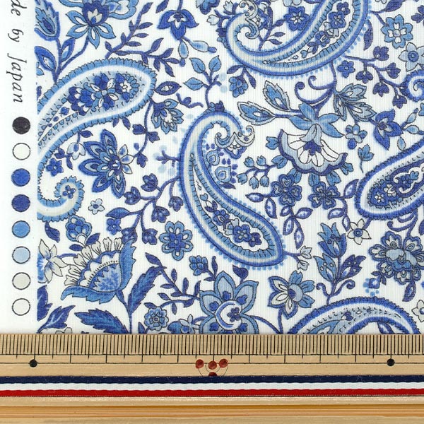 【極美品✨】ダブルアールエル フローラルペイズリー柄 青白 シルク イタリア製 数量5から】 生地 『80シルクヴェールローン ペーズリー更紗 ホワイト