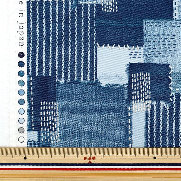 数量5から】 生地 『ツイル 刺し子調デニムパッチワーク ネイビーB YGA