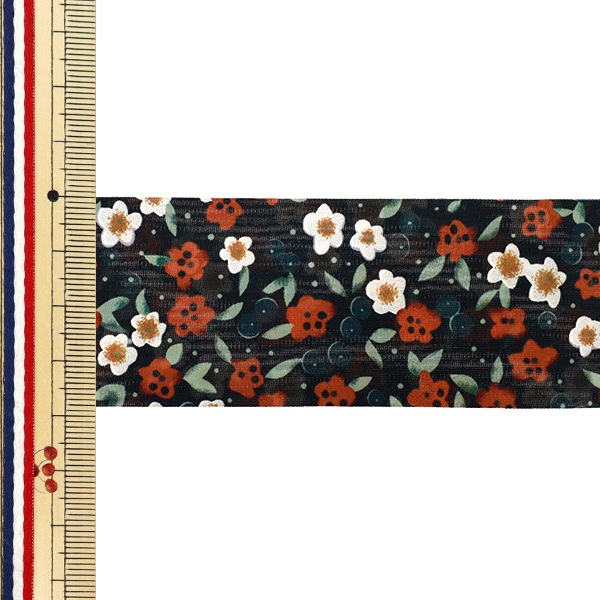 リボン 『プリントリボン フラワー 2025 約幅38mm×長さ2m ブラック