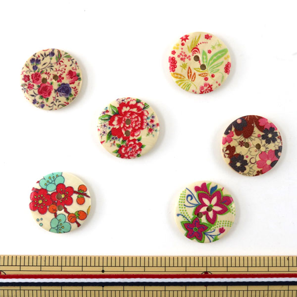 ボタン 『ウッドボタン MIX 3cm 花柄』 服飾,ボタン・バックル