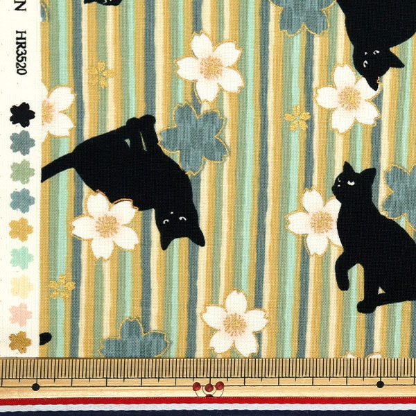 数量5から】 生地 『シーチング 百華繚蘭 黒猫と桜ストライプ グリーン