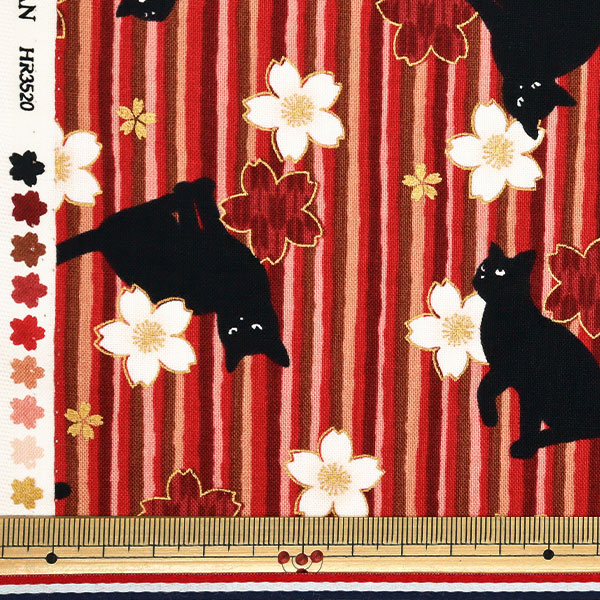 数量5から】 生地 『シーチング 百華繚蘭 黒猫と桜ストライプ レッド