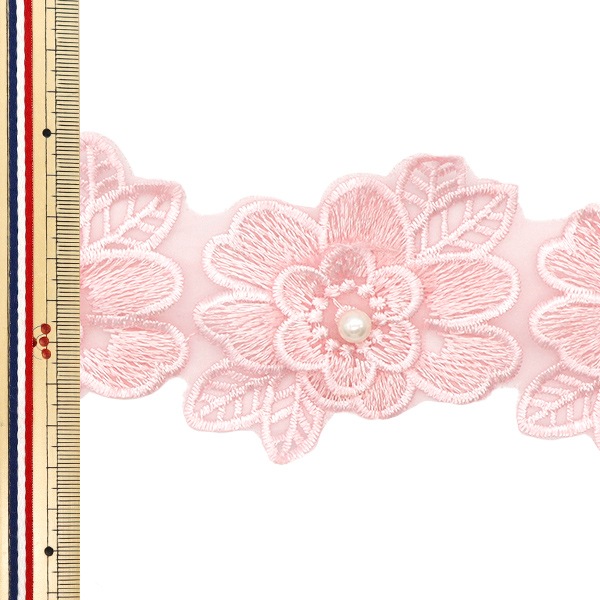 数量5から】 レースリボン 『刺繍オーガンジーフラワー ピンク DCL2443