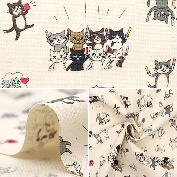 数量5から】 生地 『シーチング ファニーキャッツ 推し活ねこ キナリ