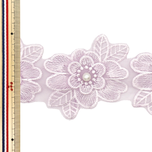 数量5から】 レースリボン 『刺繍オーガンジーフラワー パープル