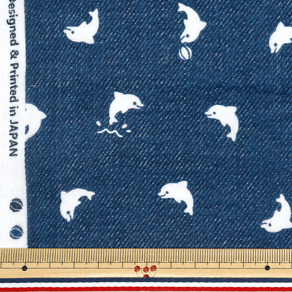 数量5から】 生地 『Wガーゼ デニム調プリント いるか ネイビー